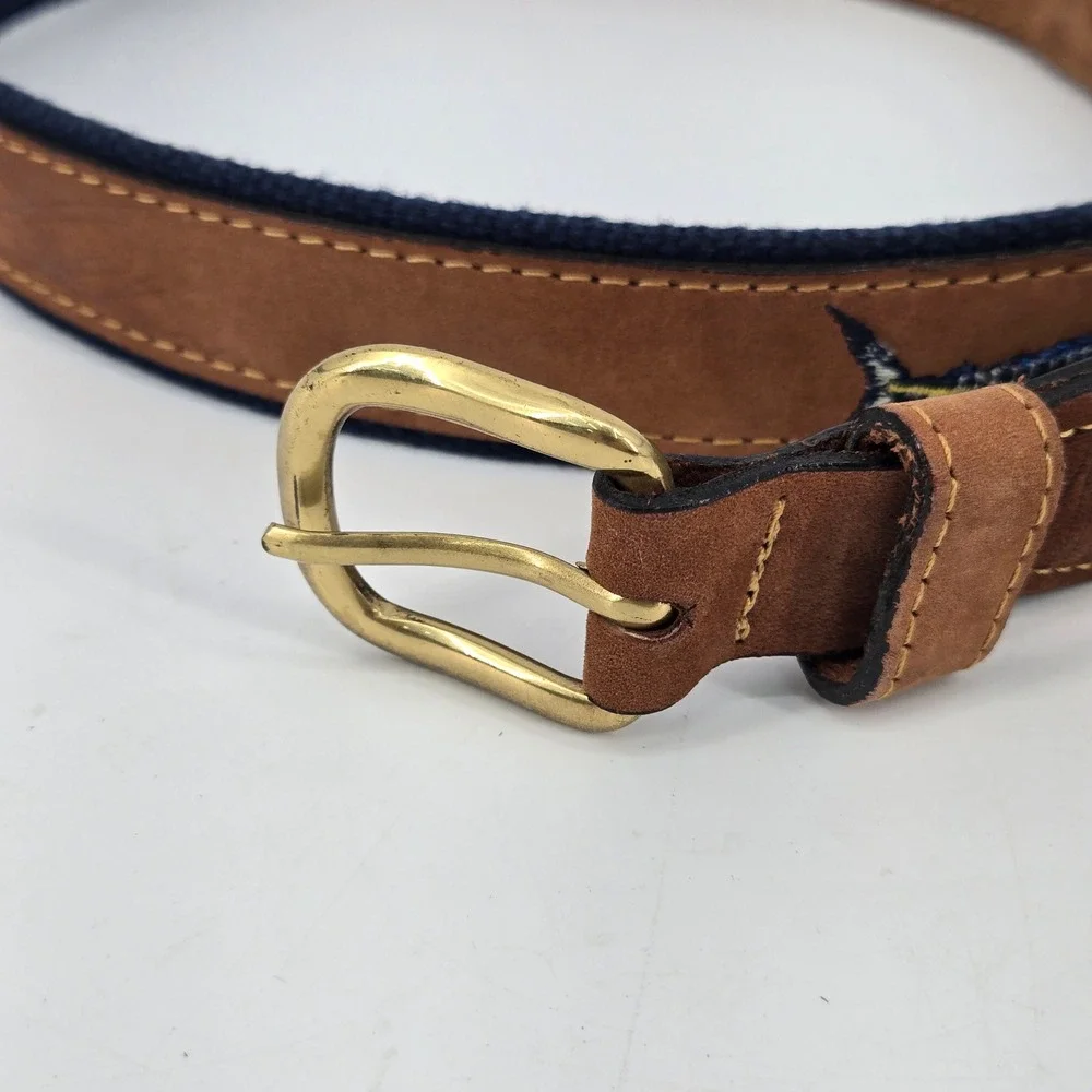 Zep-Pro Men's Tan Leather Embroidered Marlin Fishing Belt Brass Buckle USA 38